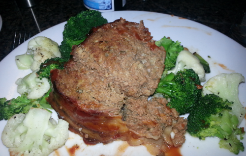 Bacon-wrapped meatloaf with broccoli and cauliflower (the vegetables were steamed—no butter or oil—but the bacon added the fat I needed)